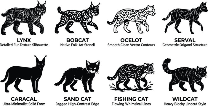 Set of black and white wild cat silhouettes featuring lynx bobcat and ocelot.