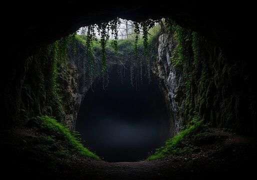 Mysterious dark cave entrance overgrown with lush green vines and vegetation leading into darkness