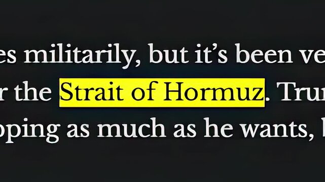 Documentary style typography animation of breaking news headlines about the Strait of Hormuz crisis and global energy security with yellow text highlights