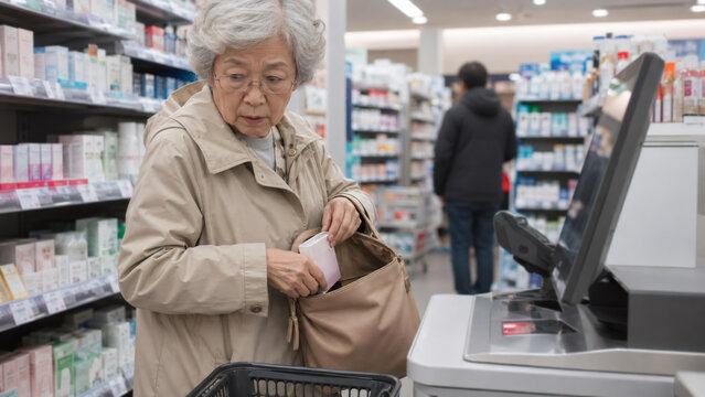 Asian woman stealing product into handbag in drugstore. Elderly shoplifter committing crime at store checkout. Kleptomania and criminal behavior in supermarket. Surveillance security concept.