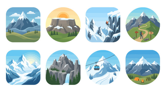 Flat Vector Mountain Peak and Outdoor Adventure Icon Set Featuring Hiking Climbing Camping and Nature Landscapes