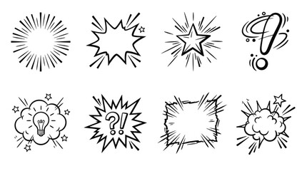 Obraz premium Comic book speech bubble set, hand drawn pop art explosion effects, black and white cartoon burst vector icons, 8 graphic elements for manga