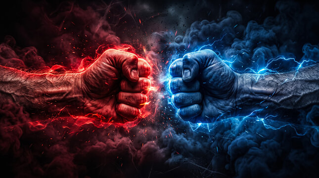 Red and blue fists clashing in smoke. Concept of competition and power struggle.