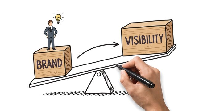 Brand visibility concept sketch on seesaw, business marketing strategy illustration, hand drawing growth and awareness metaphor on white background