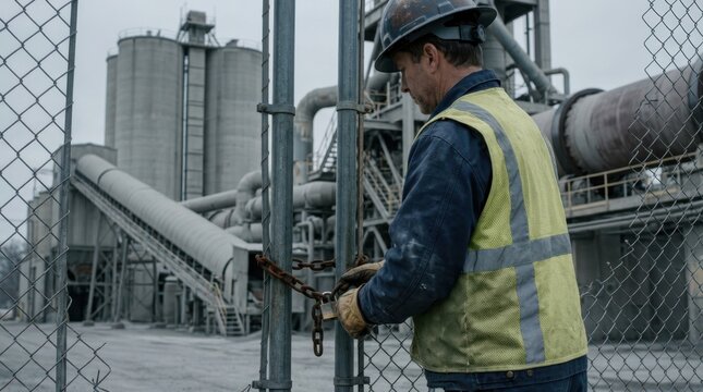 industrial worker locking a chain on a cement plant gate with silos, conveyor, piping, and rotary kiln, signaling shutdown and decommissioning