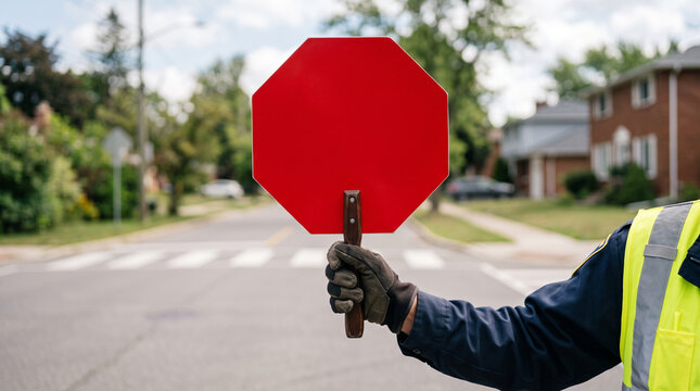 Crossing guard's hands holding a stop sign paddle &mdash; public safety and community service occupation concept.