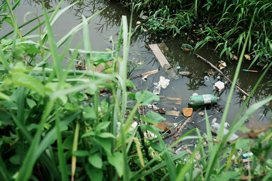 Plastic waste and trash polluting a natural water stream