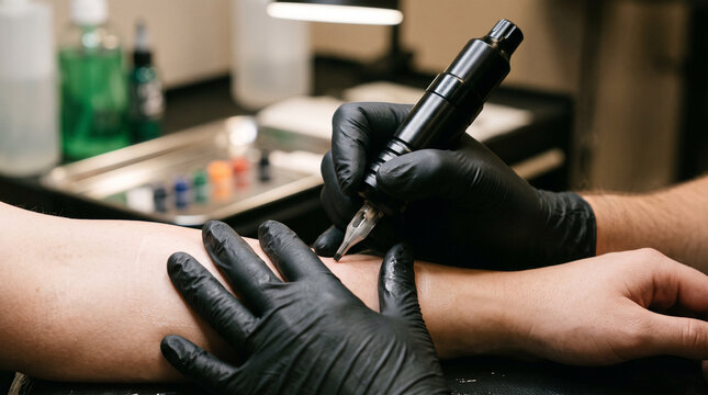 Tattoo artist's hands operating a tattoo machine on a forearm &mdash; body art and tattoo industry occupation concept.