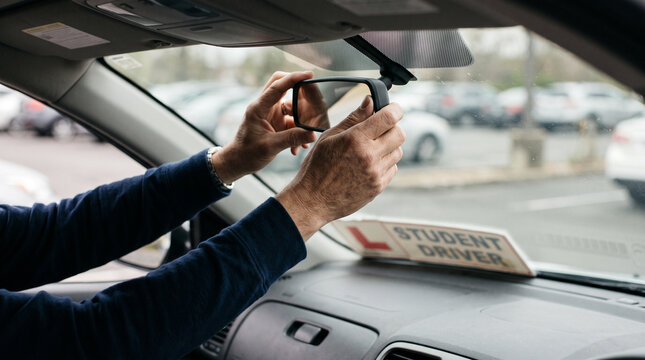 Driving instructor's hands adjusting a car's rearview mirror &mdash; driving education and instruction occupation concept.