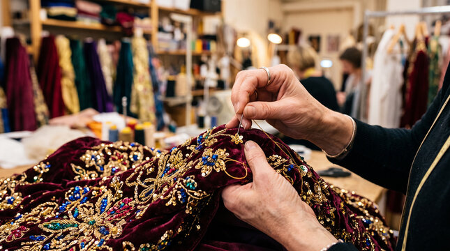 Costume designer's hands sewing sequins onto costume fabric &mdash; theatrical craft and costume design occupation concept.