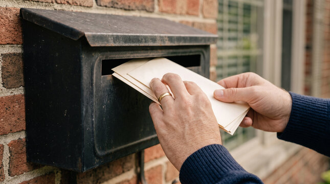 Hands checking the mailbox for mail &mdash; everyday household routine and neighborhood daily life concept.
