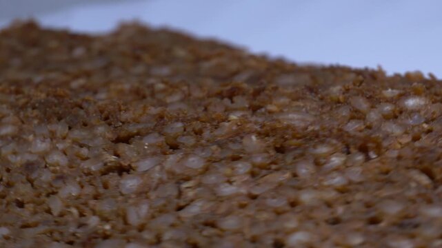Close-up of dark whole grain rye bread slices rotating on a white plate, showcasing their rich grain texture and healthy crust under studio lights.