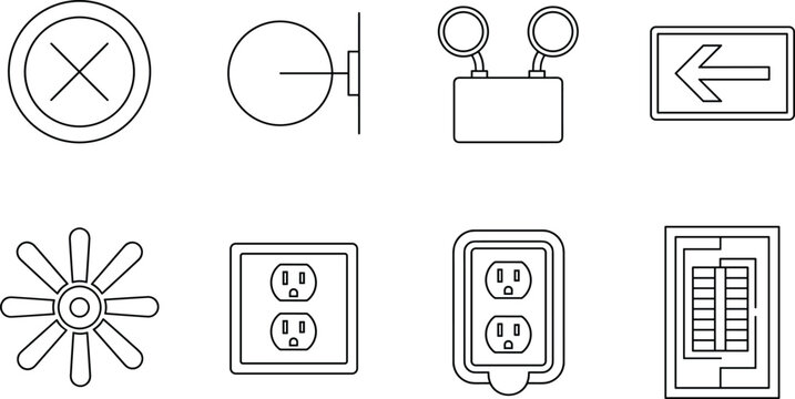 Set of electrical fixtures, outlets, and architectural plan symbol line art icons