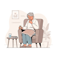 Fototapeta premium Senior Woman Takes Medication While Seated Comfortably In Armchair At Home