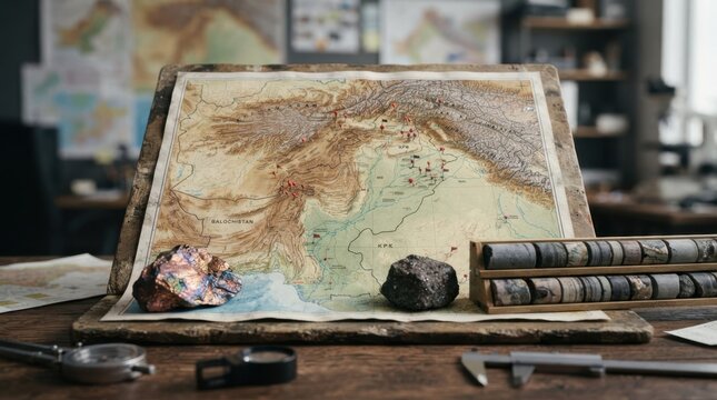 mineral exploration investment with pakistan map board survey pins copper ore chromite rock and drill core samples for mining prospecting and resource development