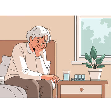 Sad Elderly Woman Sitting On Bed With Medication And Plant
