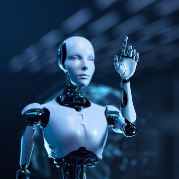 Cyborg Robot Touch Virtual Screen on Digital Globe Earth. Copy Space