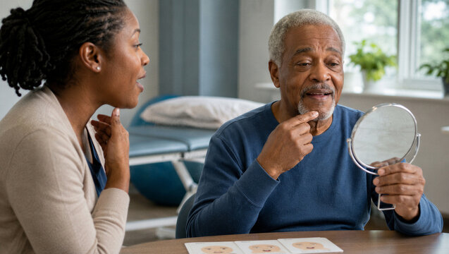 Speech therapist working with an elderly man during a facial rehabilitation session. Specialist helping patient practice muscle movement using a mirror. Speech therapy and recovery.