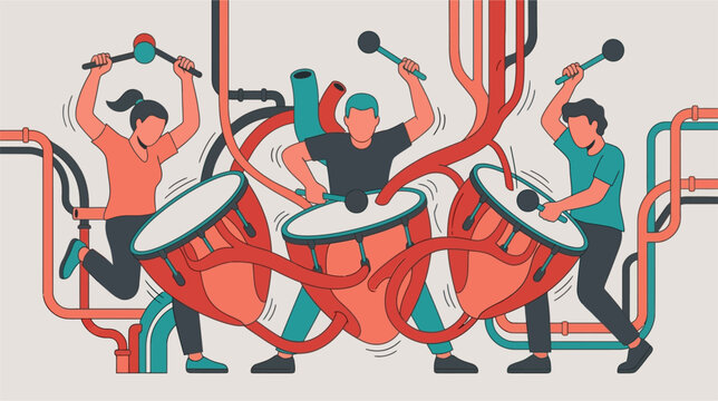 Abstract vector illustration featuring pulsating rhythmic percussion patterns and dynamic sound wave elements, suitable for music production, audio engineering, and digital media design.