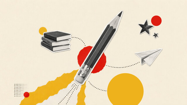Creative back to school collage with pencil rocket launching, education metaphor for learning, ambition and success