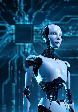 Futuristic Humanoid Robot with AI Technology and Digital Circuit Background