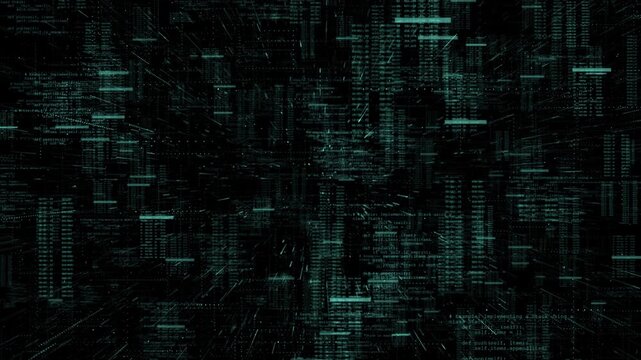 Dark green programming data visual with matrix style code, dense text layers, and cyber city depth. Perfect for software videos, hacker intros, technical screens, and motion overlays.