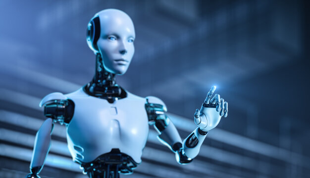 Robot Touching Virtual Screen. Futuristic Technology and Artificial Intelligence Concept