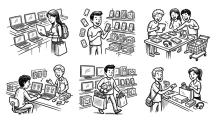 Obraz premium People shopping for electronics in a store illustration