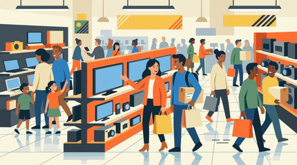 Obraz premium Diverse shoppers browse electronics store filled with TVs laptops and cameras