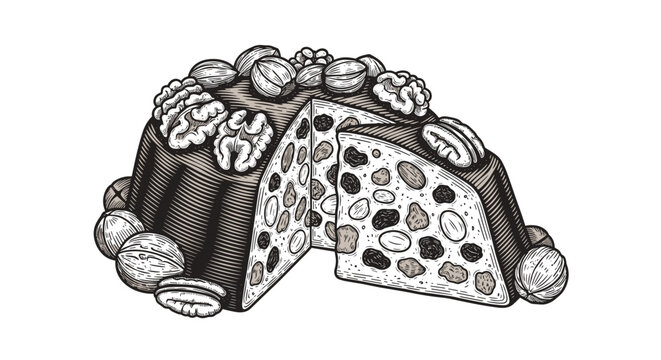 Vintage Style Fruitcake with Nuts and Dried Fruits Illustration