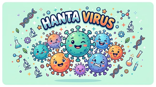 Hanta virus cartoon illustration with colorful microorganisms