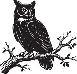 Black and white of a horned owl perched on a leafless tree branch, contrast silhouette bird raptor predator