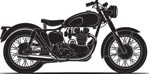 Black and white silhouette of a vintage cruiser motorcycle, side profile view showing engine, spoked wheels, fuel tank, and exhaust pipe on a plain white background © Pixel With MH