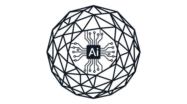 Abstract geodesic sphere with AI chip symbol and circuit pattern