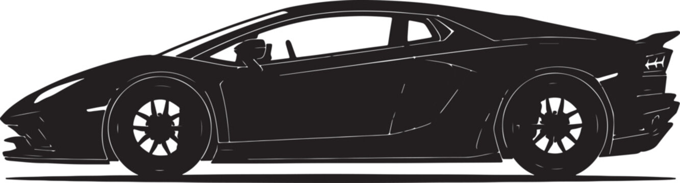 Black silhouette of a low-profile sports car in side view, featuring sharp aerodynamic lines, a rear spoiler, and detailed multi-spoke wheels on a white background