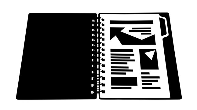 Open black binder with document pages and graphic elements