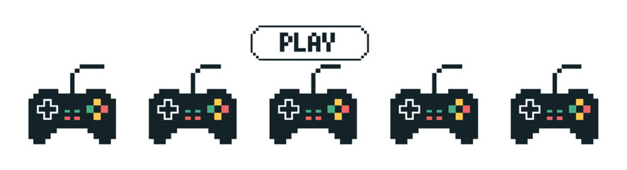 Pixelated Playtime: A row of retro gaming controllers in pixel art style, with a PLAY button above, evoking nostalgia and the excitement of classic video games. © Vector By Thakur