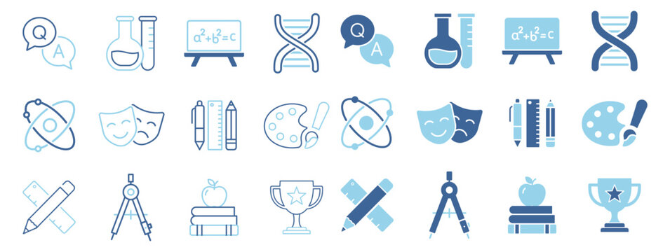 Education and science icon set with stationery and awards on transparent background