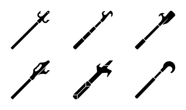 Medieval Weapon Icons, Fantasy Staff and Polearm Vector Set, Ancient Combat Tools Collection