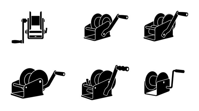 Manual Winch Icons Set, Hand Crank Hoist Equipment, Mechanical Lifting Devices, Industrial Gear Vector Collection