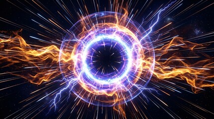 Fototapeta premium Abstract image of powerful blue energy ring and orange electric waves with light rays in dark space background.