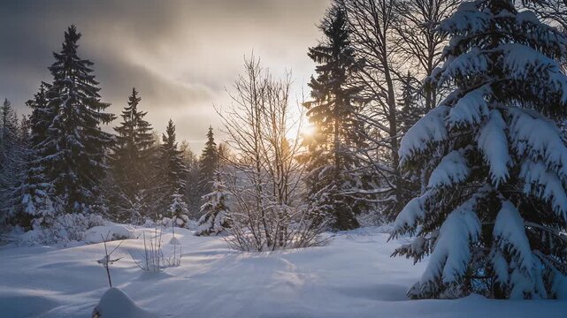 Snowy forest timelapse light filtering through trees with shadows moving gently across snow