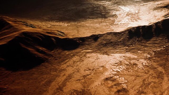 The scene shows a rocky and textured surface on an alien planet. Sunlight highlights the uneven terrain with shadows and patterns. The atmosphere appears thick and cloudy.