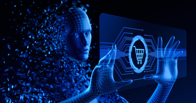 E-commerce, Retail and Artificial Intelligence. Human Digital Avatar or AI agent touch screen