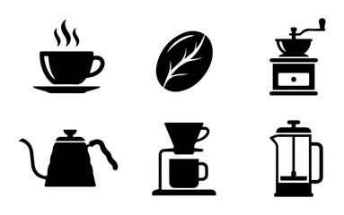 Obraz premium Coffee Icons Set: Hot Drink Cup, Bean, Grinder, Kettle, Pour Over, French Press