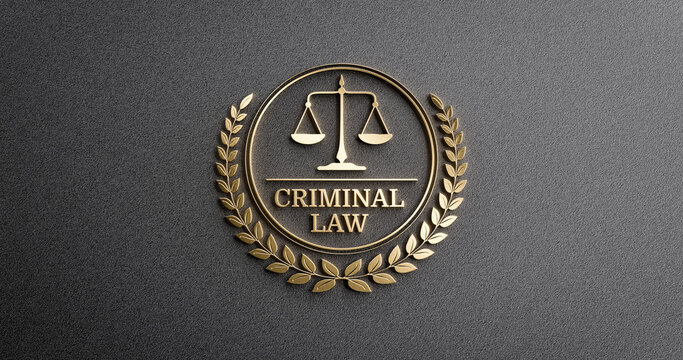 Criminal Law: Golden Icon with Scales of Justice and text. Legal Concept