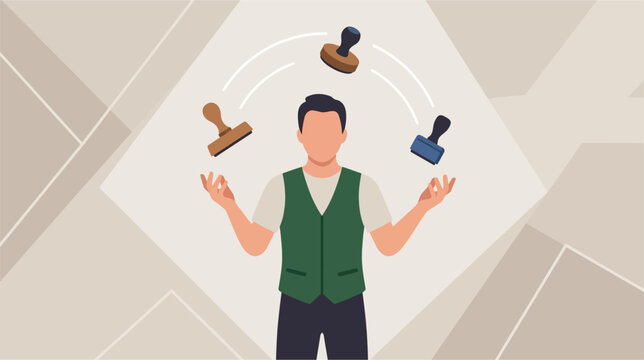 Vector illustration of a vintage-style rubber stamp featuring a person juggling balls, representing activity, skill, and multitasking on a clean white background.