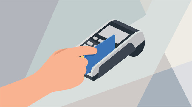 Vector illustration of a modern point of sale POS card terminal machine processing a contactless credit card transaction for retail checkout and financial payment services on white.
