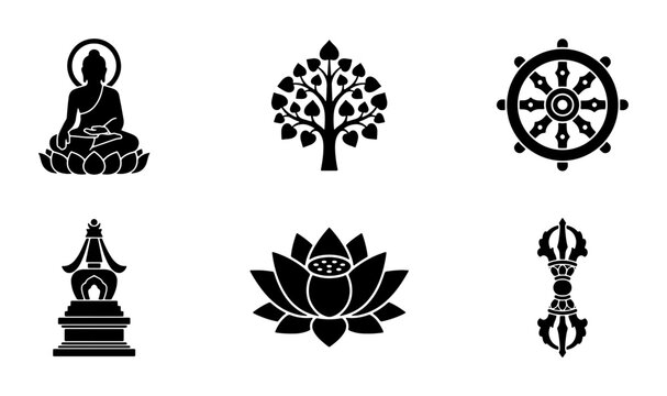 Buddhist Symbols Vector Icons, Dharma Wheel, Lotus Flower, Enlightenment Buddha, Vajra