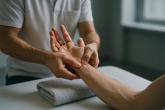 Therapist massaging stiff wrist